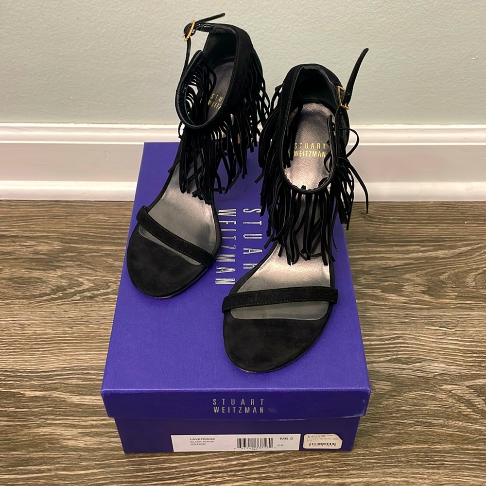 NIB Stuart Weitzman Black Suede Lovefringe High Heeled Shoes Size 6.5